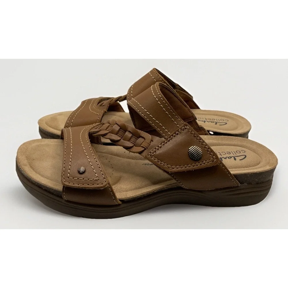 Clarks Collection Leather Slide Sandals - April Raelyn Tan A49 Women's Size 6.5M